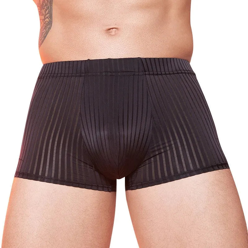 Men's striped nylon underwear in black, shown flat, highlighting thin fabric and free-size fit.
