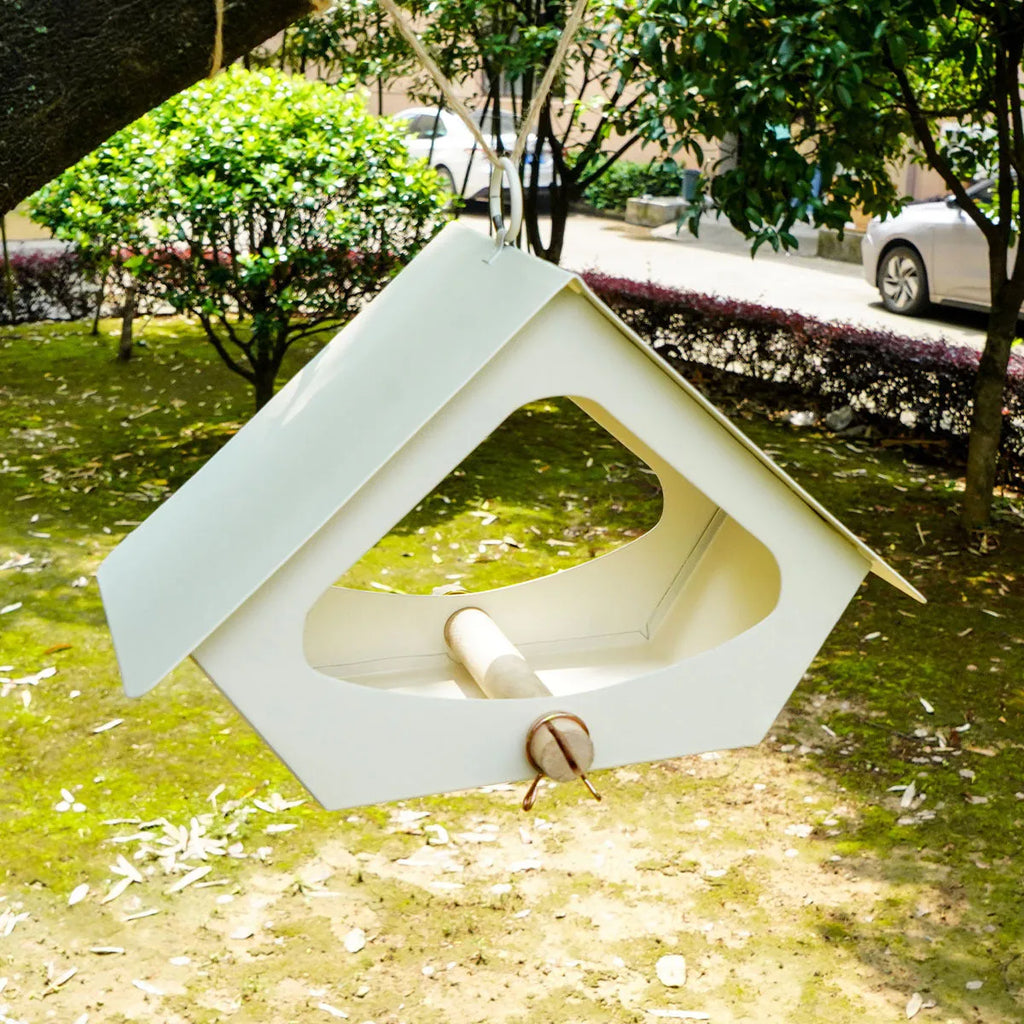 European-style simple iron bird feeder with anti-rain roof for garden hanging.