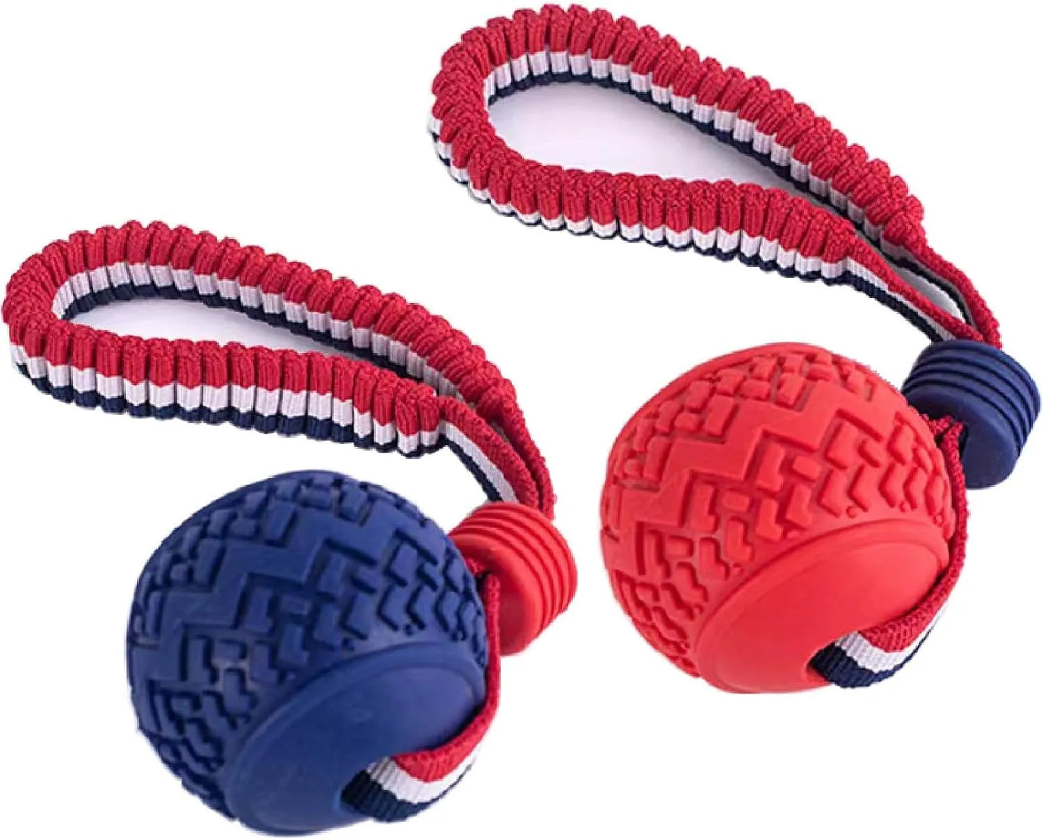 Blue and red dog toy with a rubber ball on a rope for tug-of-war and teeth cleaning.