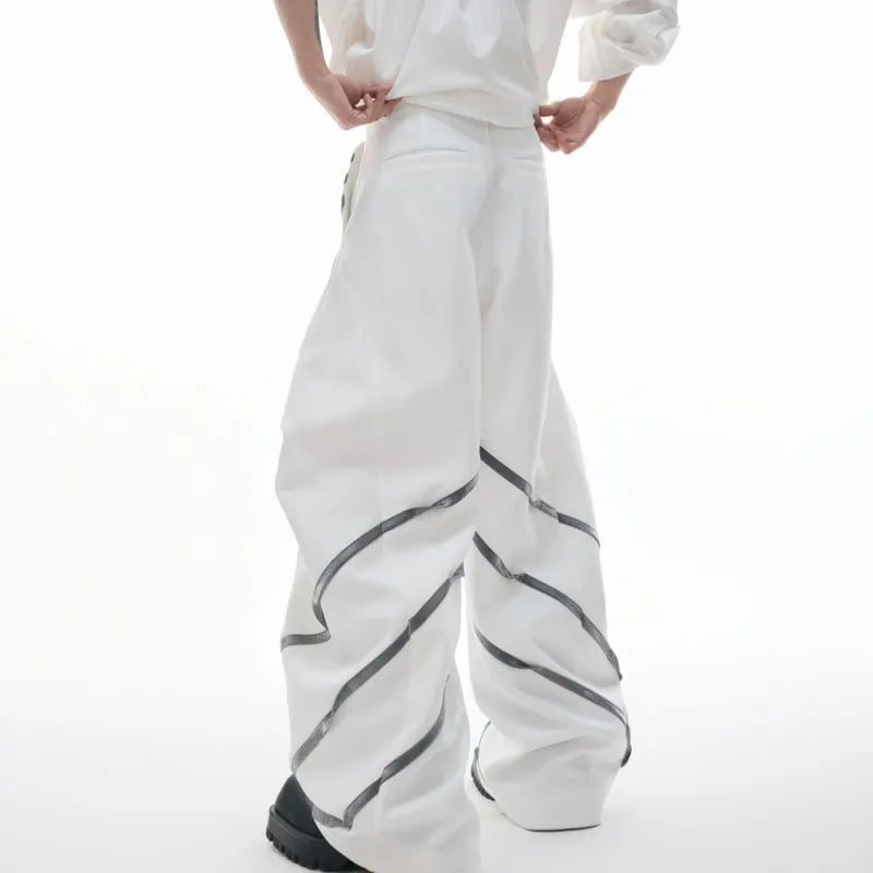Men's polyester trousers with metal striped rivet pleats and three-dimensional cutting in black and white colour options