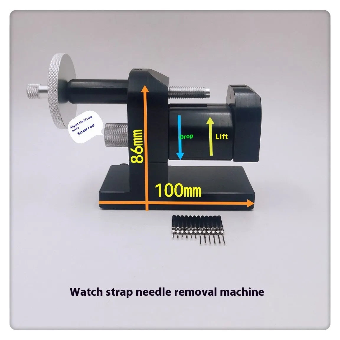 Alloy steel watch strap removal machine with bench mount frame and tool components for watch repair