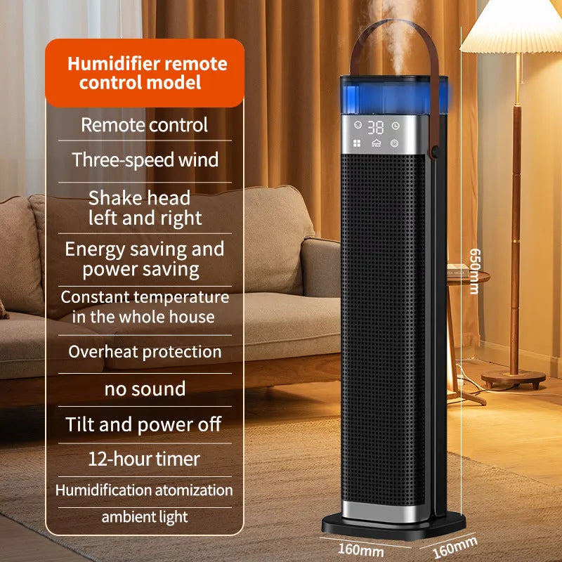 Tall, slim white vertical tower heater with digital display and remote control on a wooden floor.
