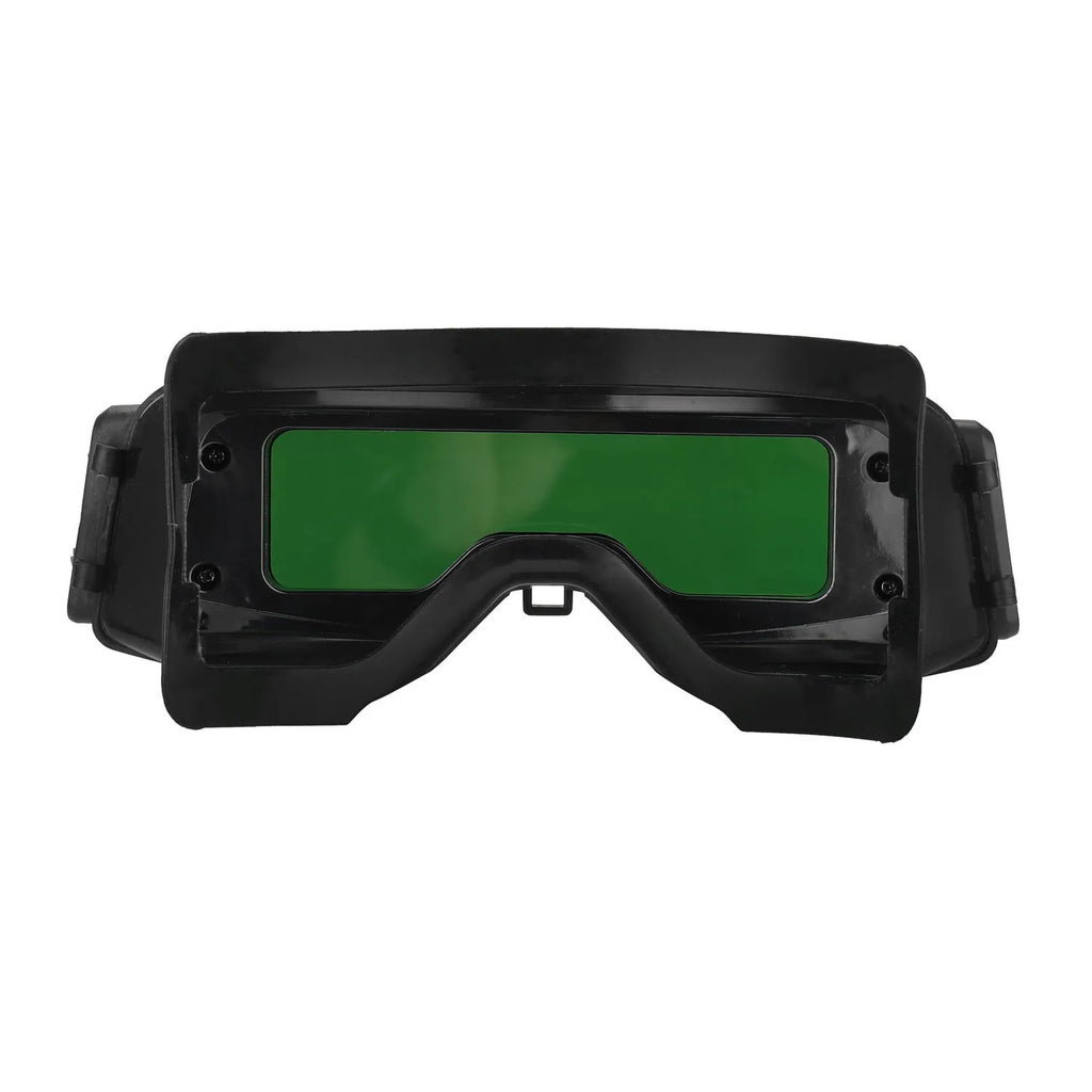Black automatic darkening welding mask goggles with a wide rectangular lens.