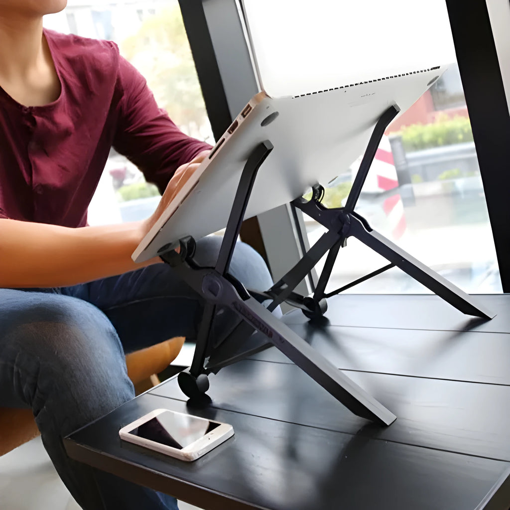 Sagacious black folding laptop stand with carrying case, shown open and closed