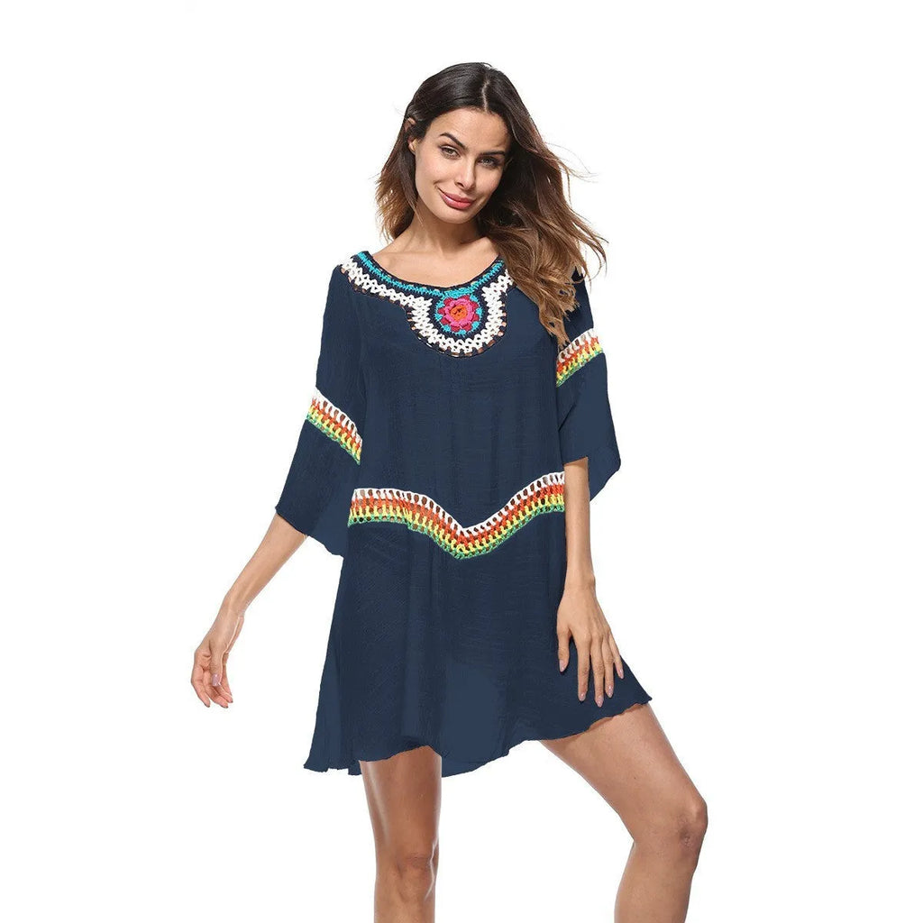 Women's crocheted ethnic style sun protection clothing beachwear in apricot colour