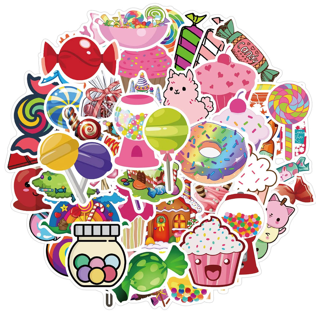Pack of 50 colourful candy graffiti cartoon stickers measuring 4-6cm.