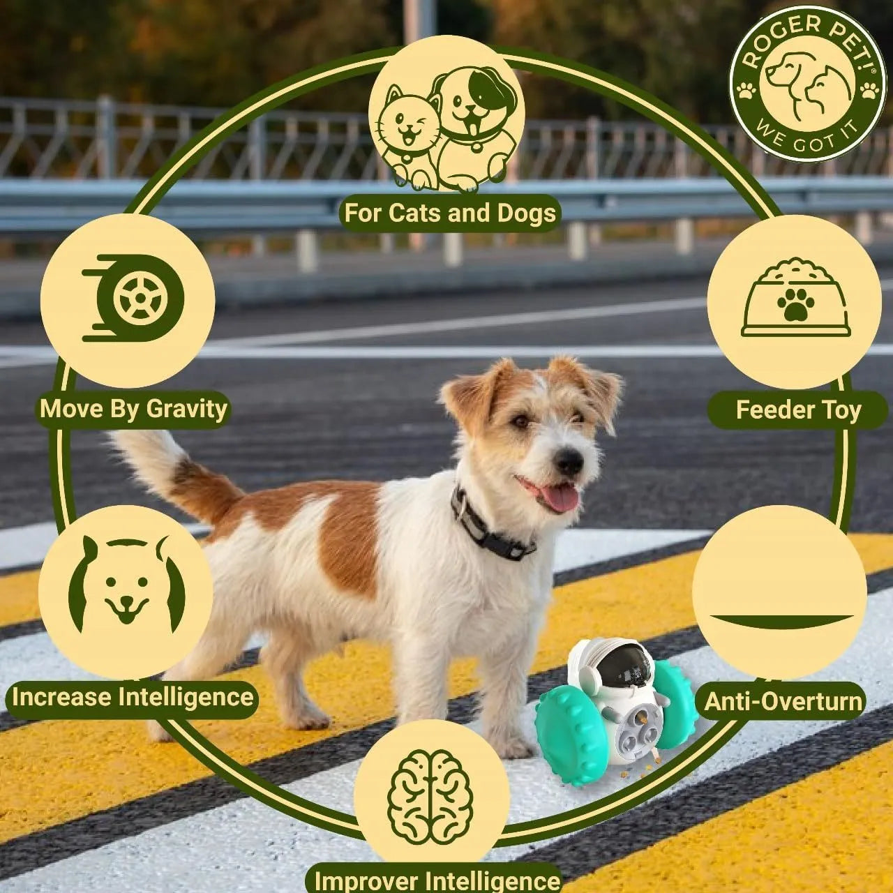 Interactive dog treat dispenser toy with robot appearance roller design for slow feeding