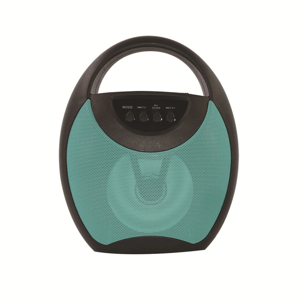 Portable Bluetooth speaker in black, blue, or pink colours showing USB port and SD card slot