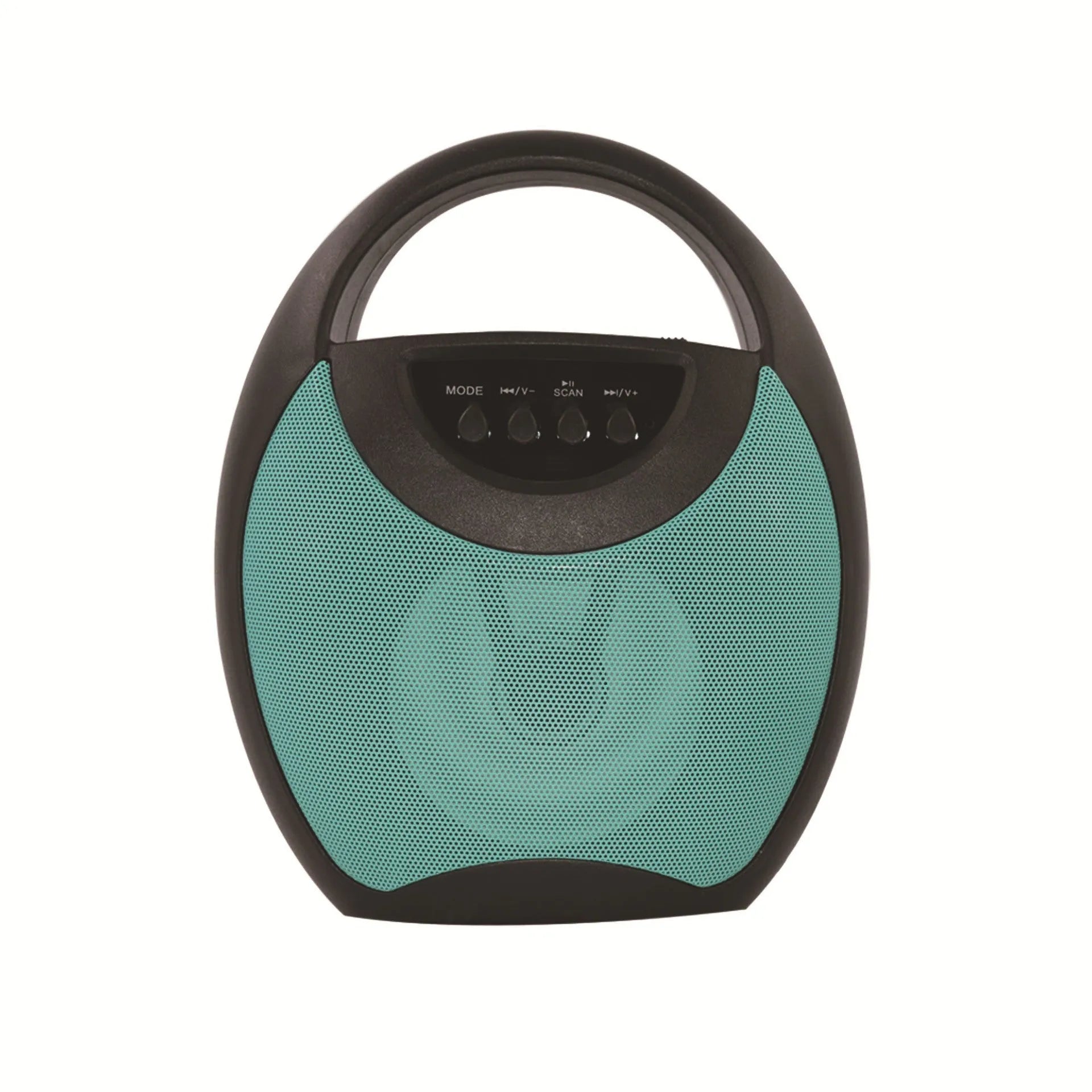 Portable Bluetooth speaker in black, blue, or pink colours showing USB port and SD card slot