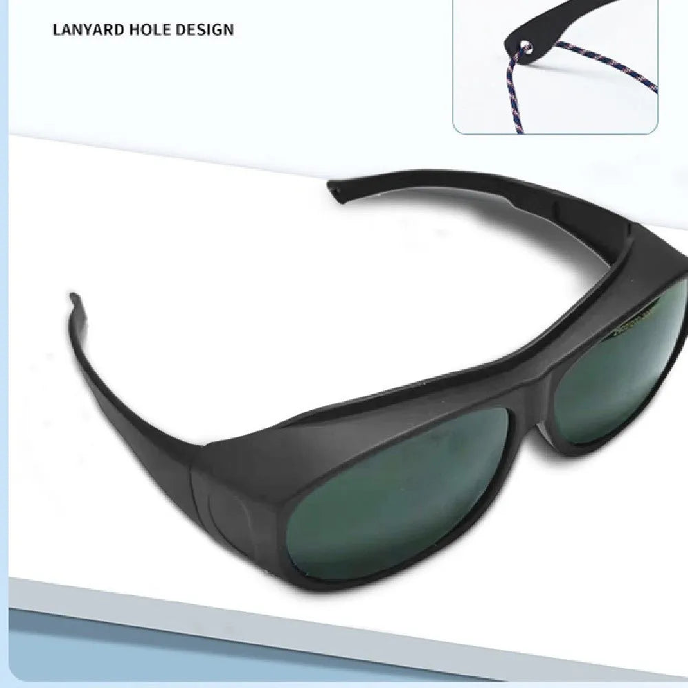 Pair of clear laser safety goggles for 200-2000nm protection with a cleaning cloth.