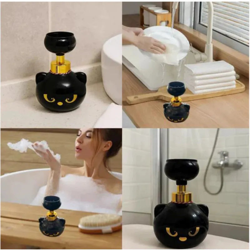 Black cat-shaped cartoon soap dispenser with plastic construction measuring 10x10x18cm