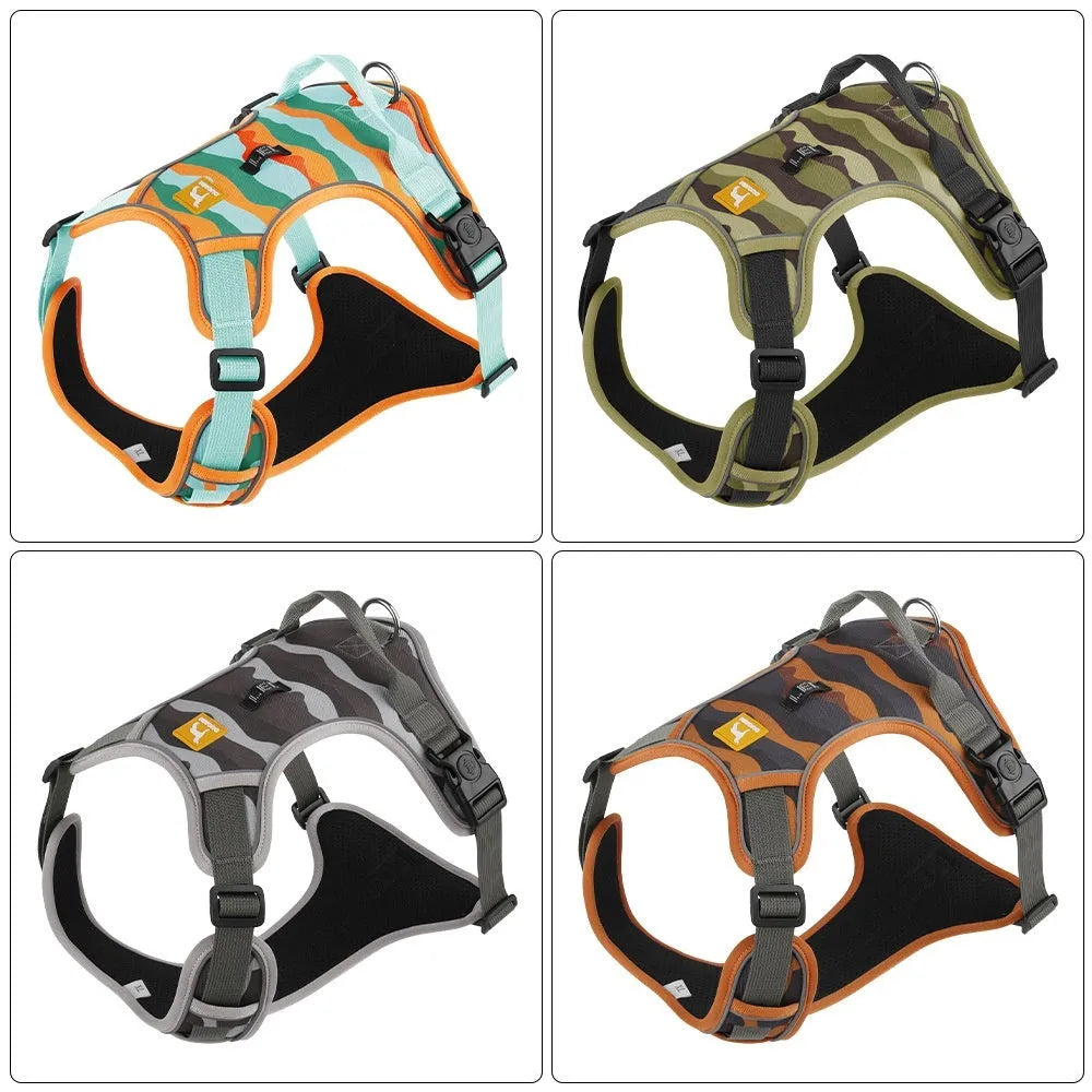 Reflective dog walking rope with chest harness in Oxford cloth, showing hand-holding loop and adjustable sizing