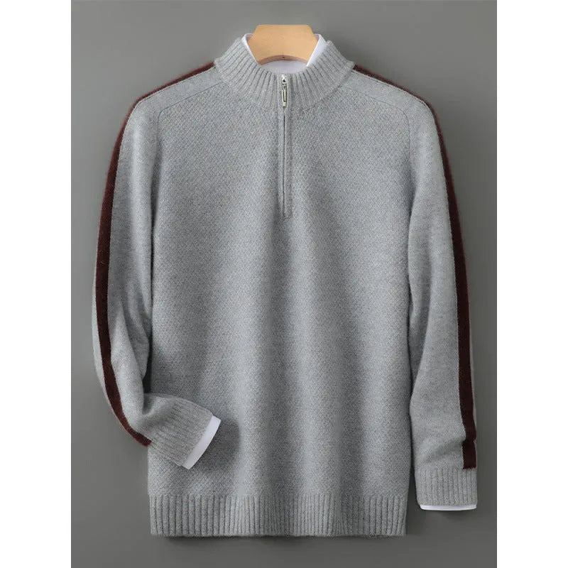 Sheep wool half-zip knitted sweater in slim fit, shown in Raw Velvet Camel colour.