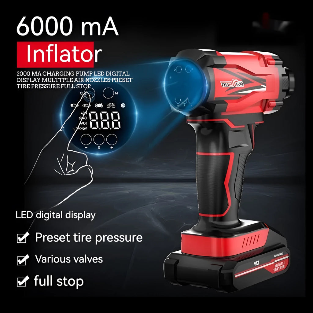 Red and black portable car air pump with wired and wireless operation for tyre inflation