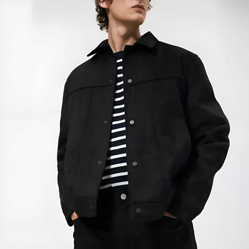 Men's black hooded jacket with suede collar, side pockets, and straight hem design for spring casual wear