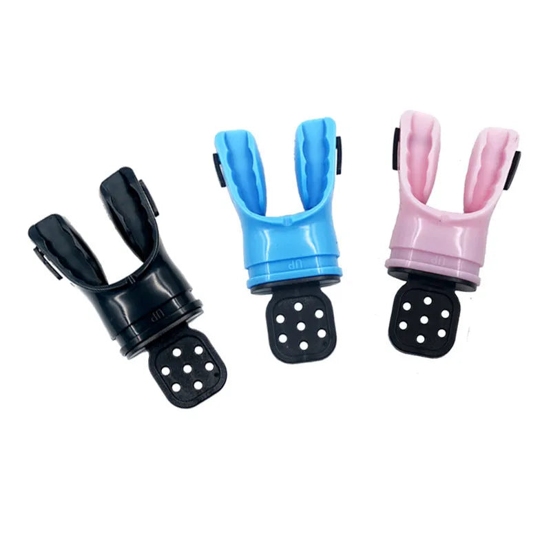 Plastic free diving mouthpiece in edible silicone showing colour options including black, white, blue, green, yellow and pink