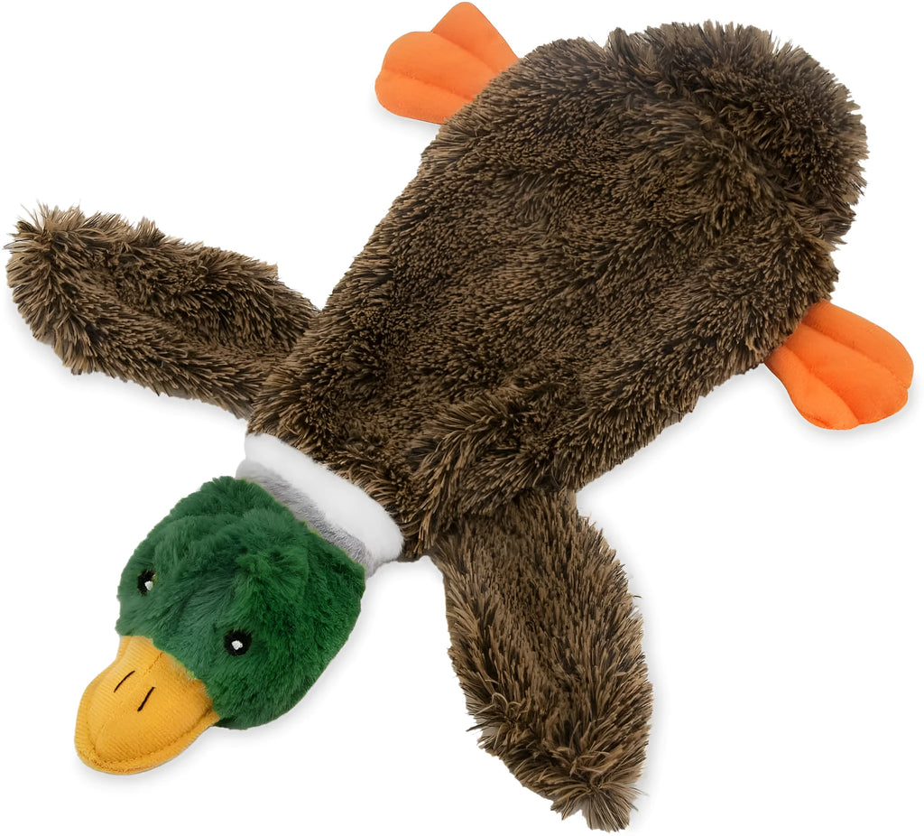 Green wild duck stuffless dog toy with squeakers and bottle cavity opening