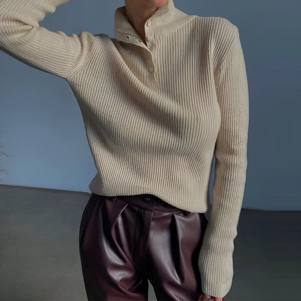 Retro breasted half turtleneck pullover sweater in slim fit with single-breasted placket detail