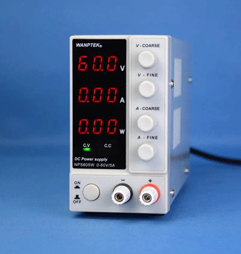 White adjustable DC bench power supply unit with control knobs and display, model NPS605W