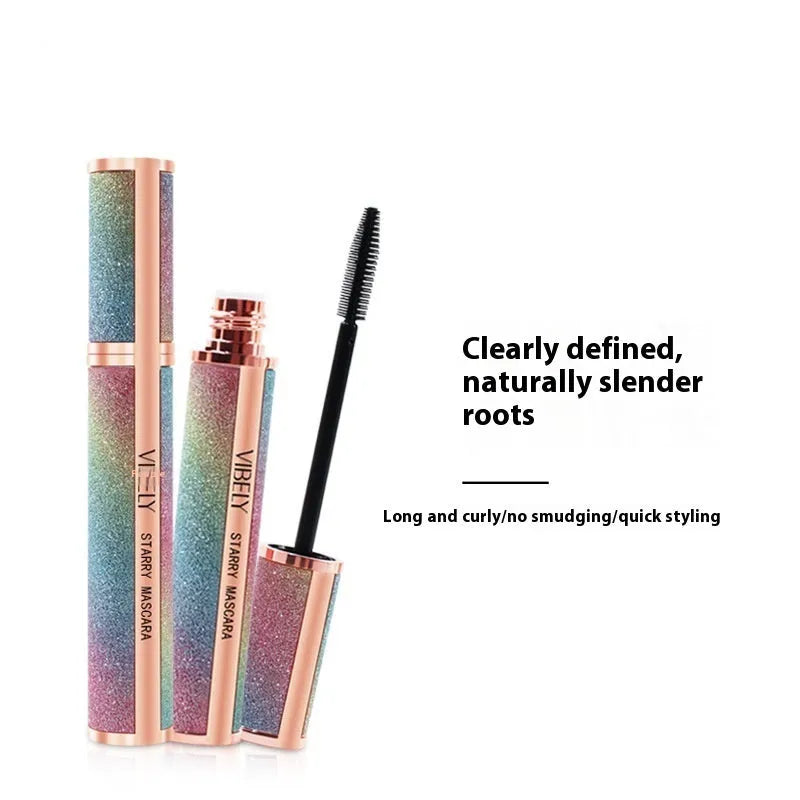 Black waterproof mascara with 4D long thick curling effect and non-smudge formula.