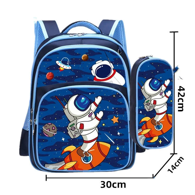 Blue children's cartoon print school backpack with pencil case, dimensions 30x14x42cm