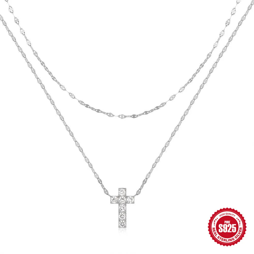 Sterling silver double layer twin diamond cross pendant necklace with S925 chain in geometric design