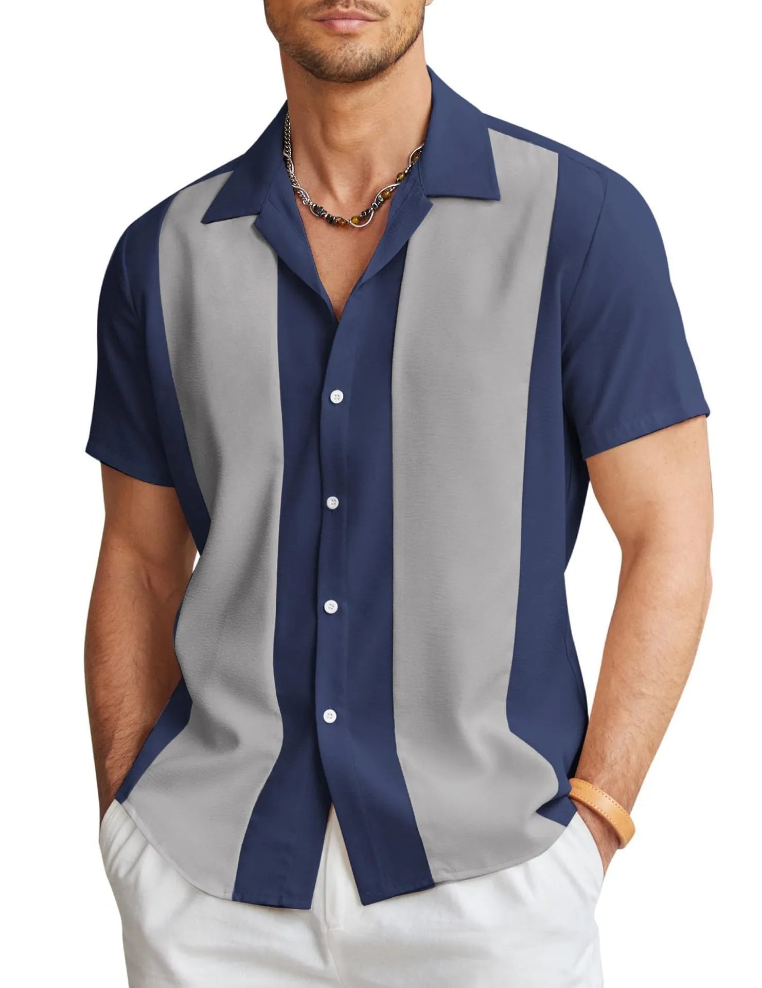 Men's slim fit Hawaiian shirt with digital printed pattern and elastic fabric in various colour options