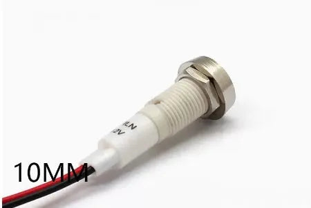 10mm stainless steel edge LED indicator light with wire and flat metal lens in multiple colours.