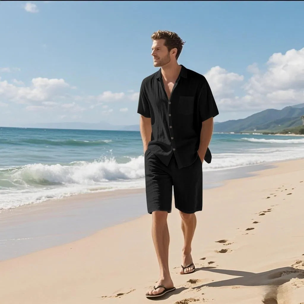 Linen blend short sleeve shirt and shorts beach suit set on a hanger, shown in a light colour.
