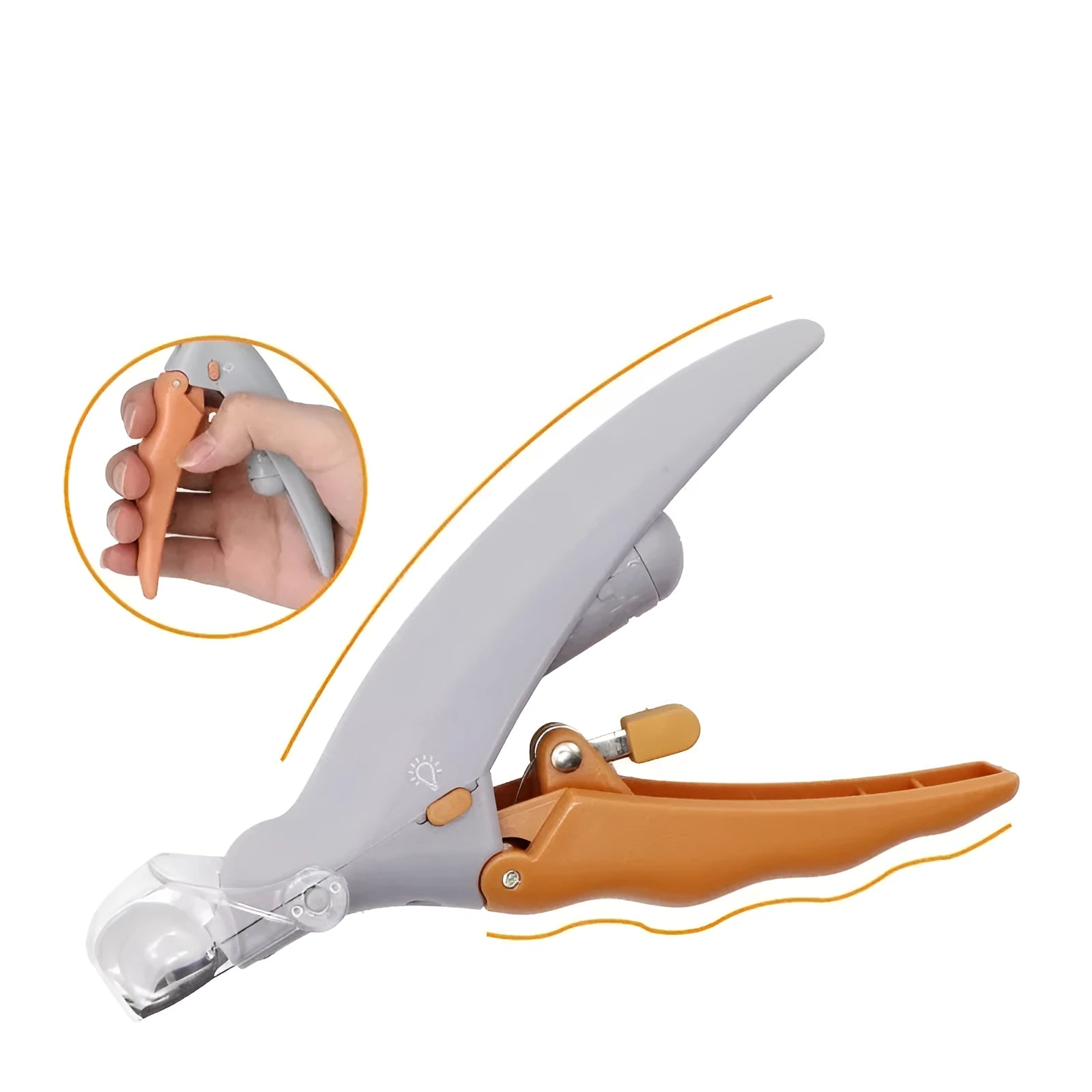 Yellow pet nail clipper with LED light and magnifying lens, safety guard, and non-slip handle