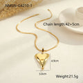 Women's stainless steel necklace with double heart geometric pendant on a snake bones chain in gold or steel finish.