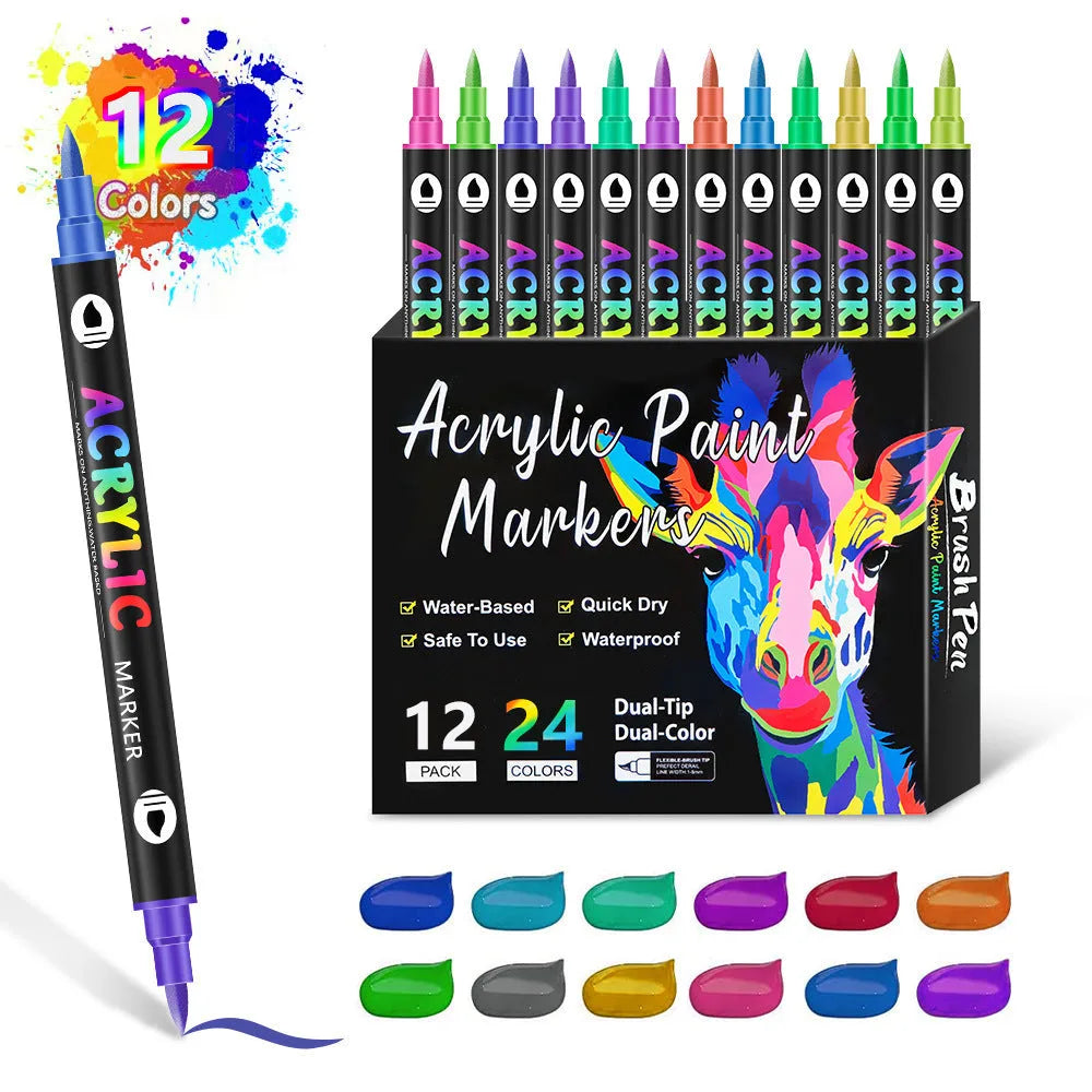 Set of double-headed acrylic marker pens with opaque, washable ink in assorted colours.
