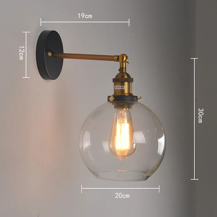 20cm round ball glass wall lamp with aluminium holder in amber, grey or clear colour