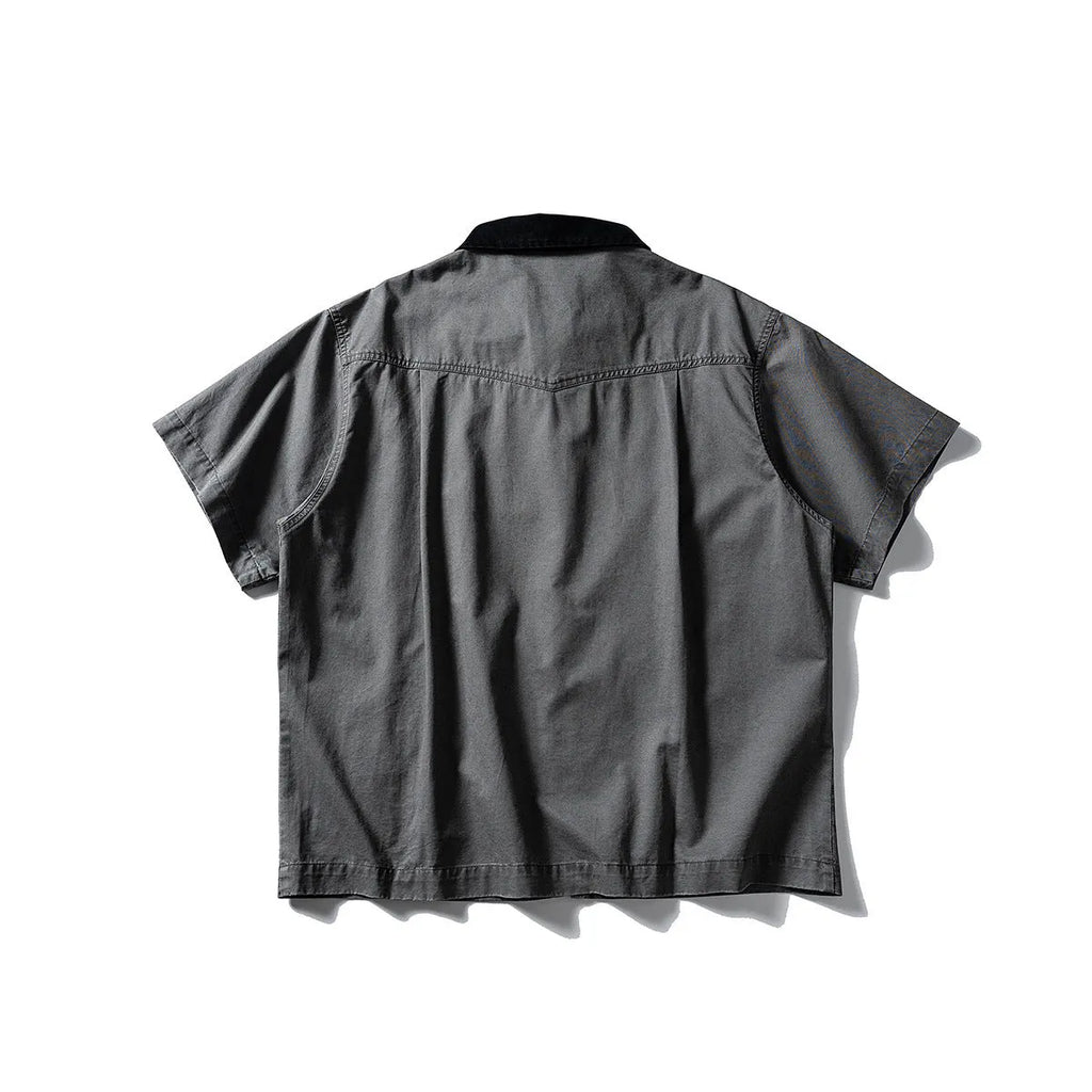 Men's loose casual short sleeve cardigan shirt in washed cotton fabric, khaki colour