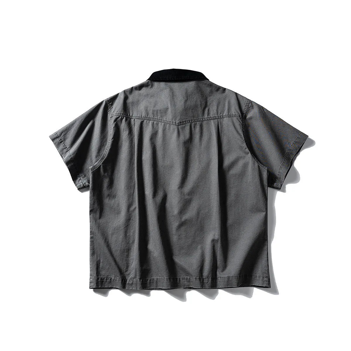 Men's loose casual short sleeve cardigan shirt in washed cotton fabric, khaki colour
