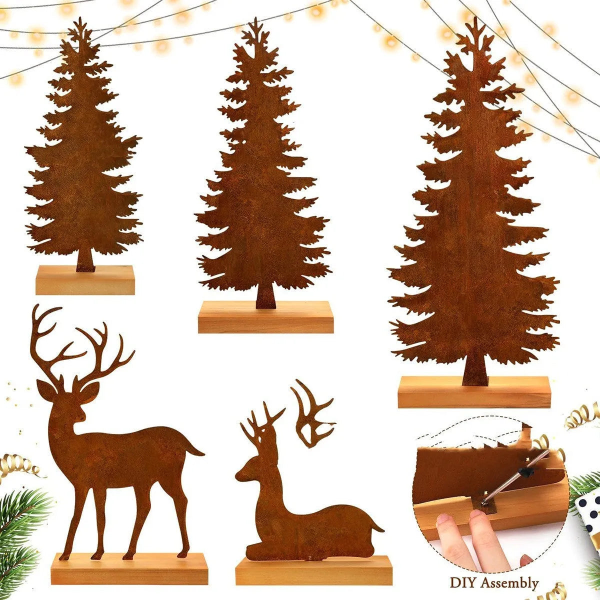 Set of three rusty metal Christmas tree decorations with elk silhouettes on a rustic surface.
