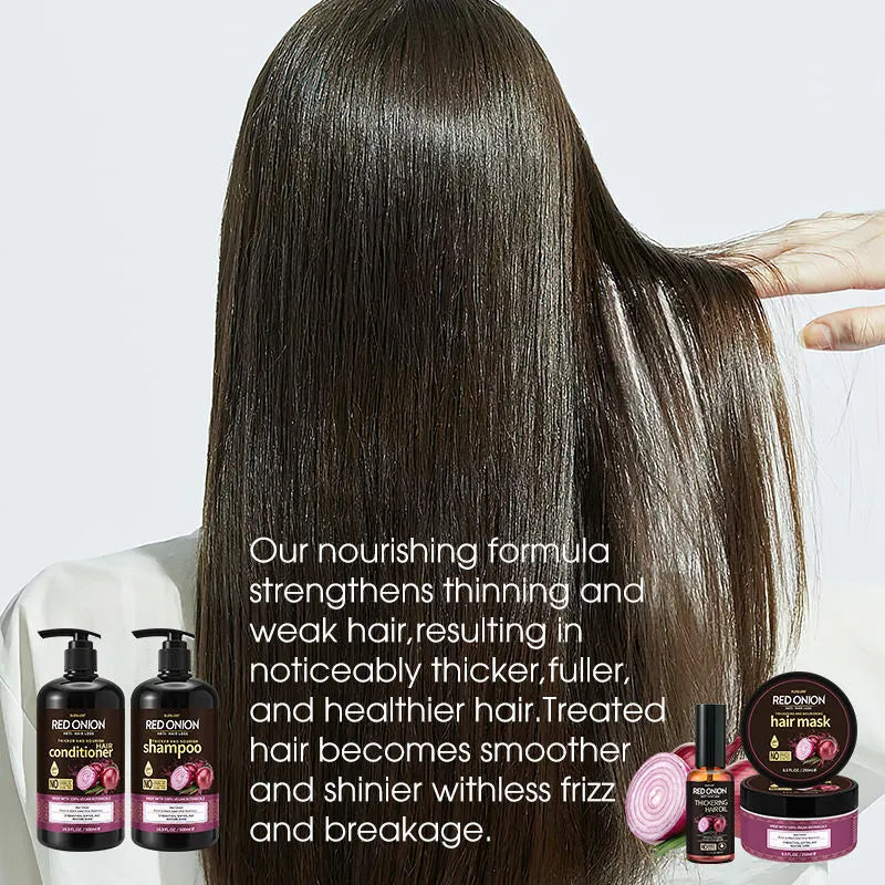Red onion shampoo conditioner set with four bottles: 500ml shampoo, 500ml conditioner, 250ml hair mask and 50ml essential oil
