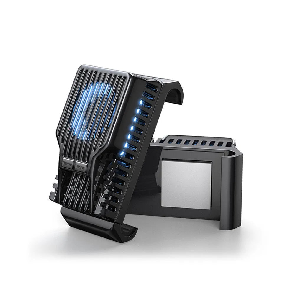 Black mobile phone cooling fan radiator clipped to a smartphone, with USB cable.