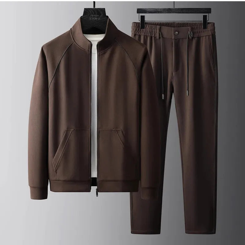 Men's stand collar slim-fit sports suit jacket and trousers in black, coffee, or black fleece-lined options.