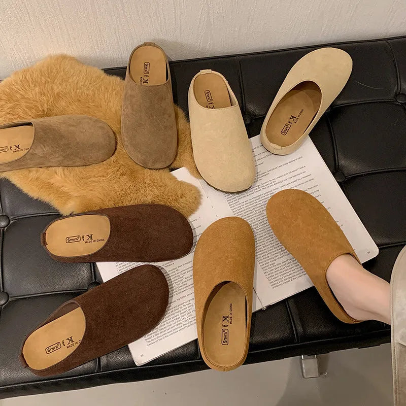 Korean style square toe outdoor slippers in apricot colour with microfiber upper and PU sole