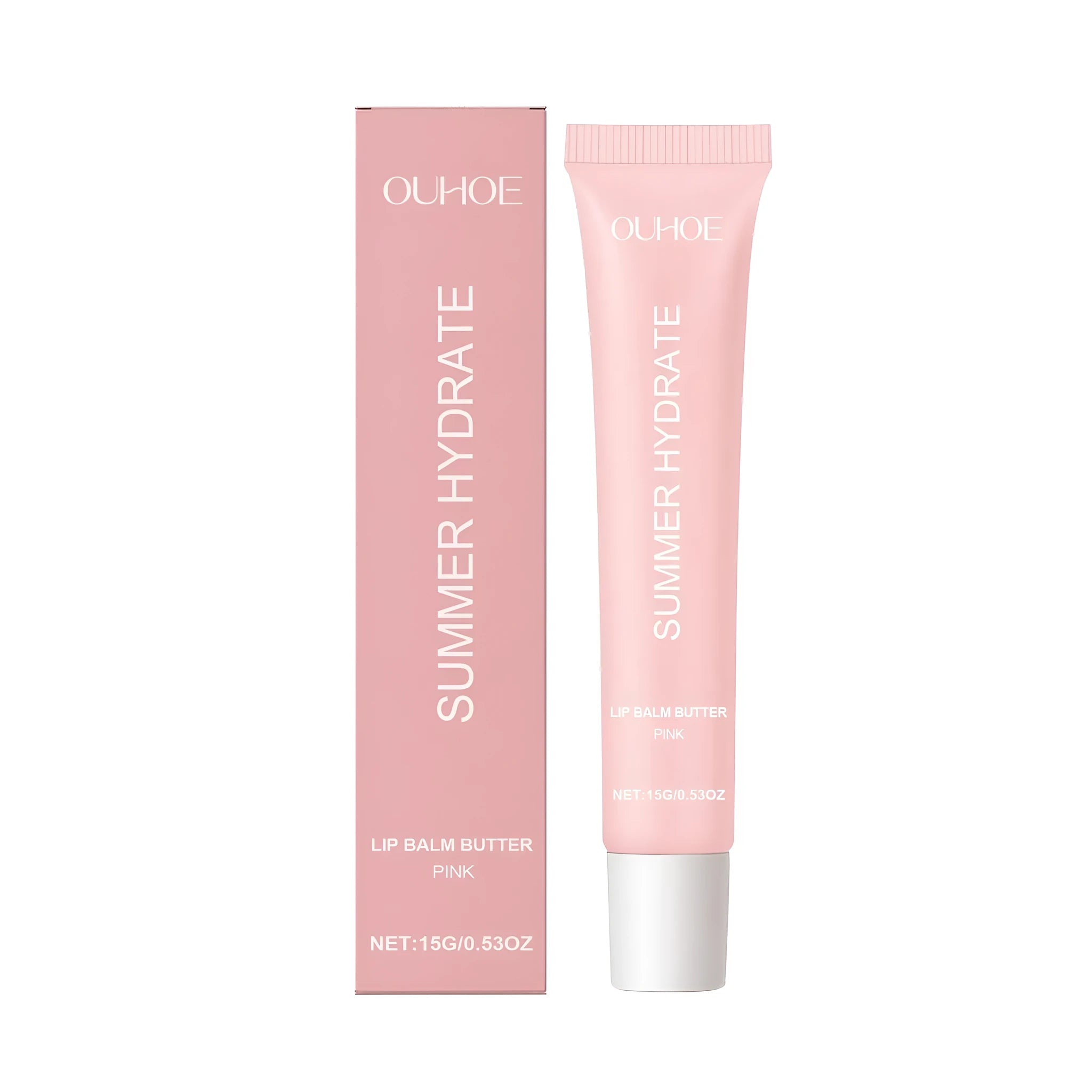 Pink tinted lip balm stick with shea butter and vitamin E