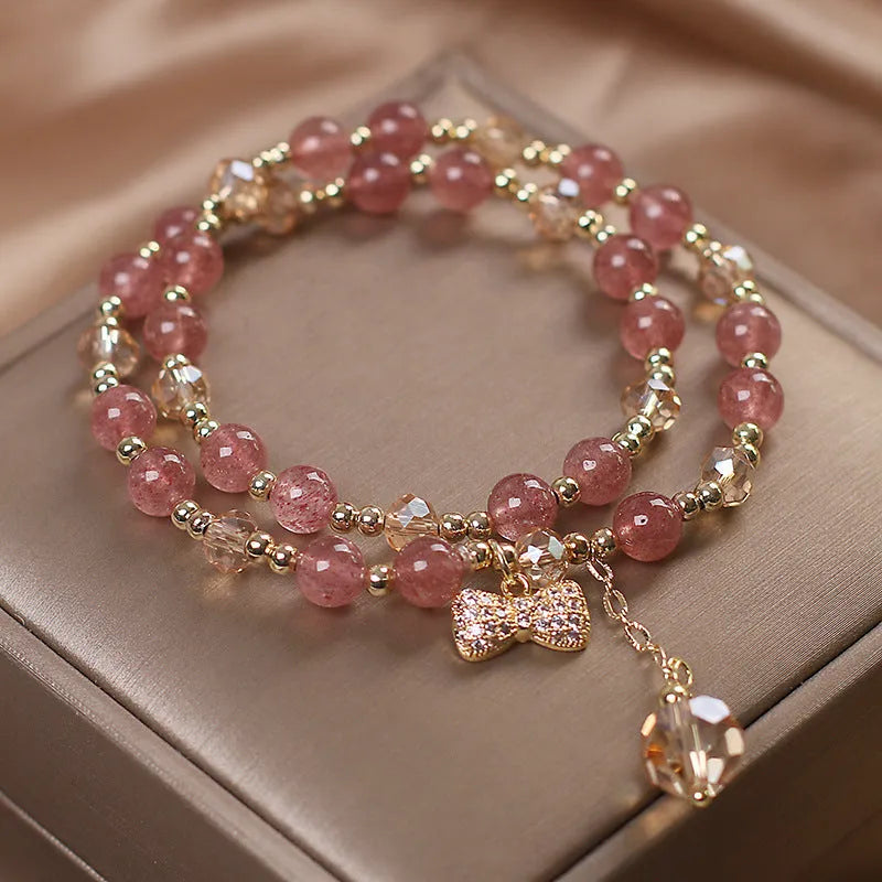 Women's double layer crystal bracelet with red cat's eye flowers and lucky cat charm in fairy style design