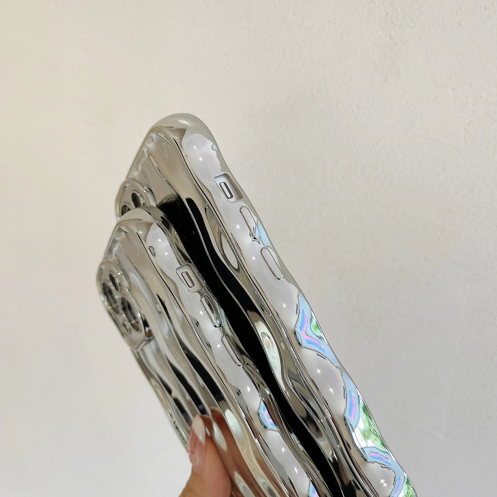 Electroplated wave stripe texture TPU protective case for iPhone 17 series in silver finish.