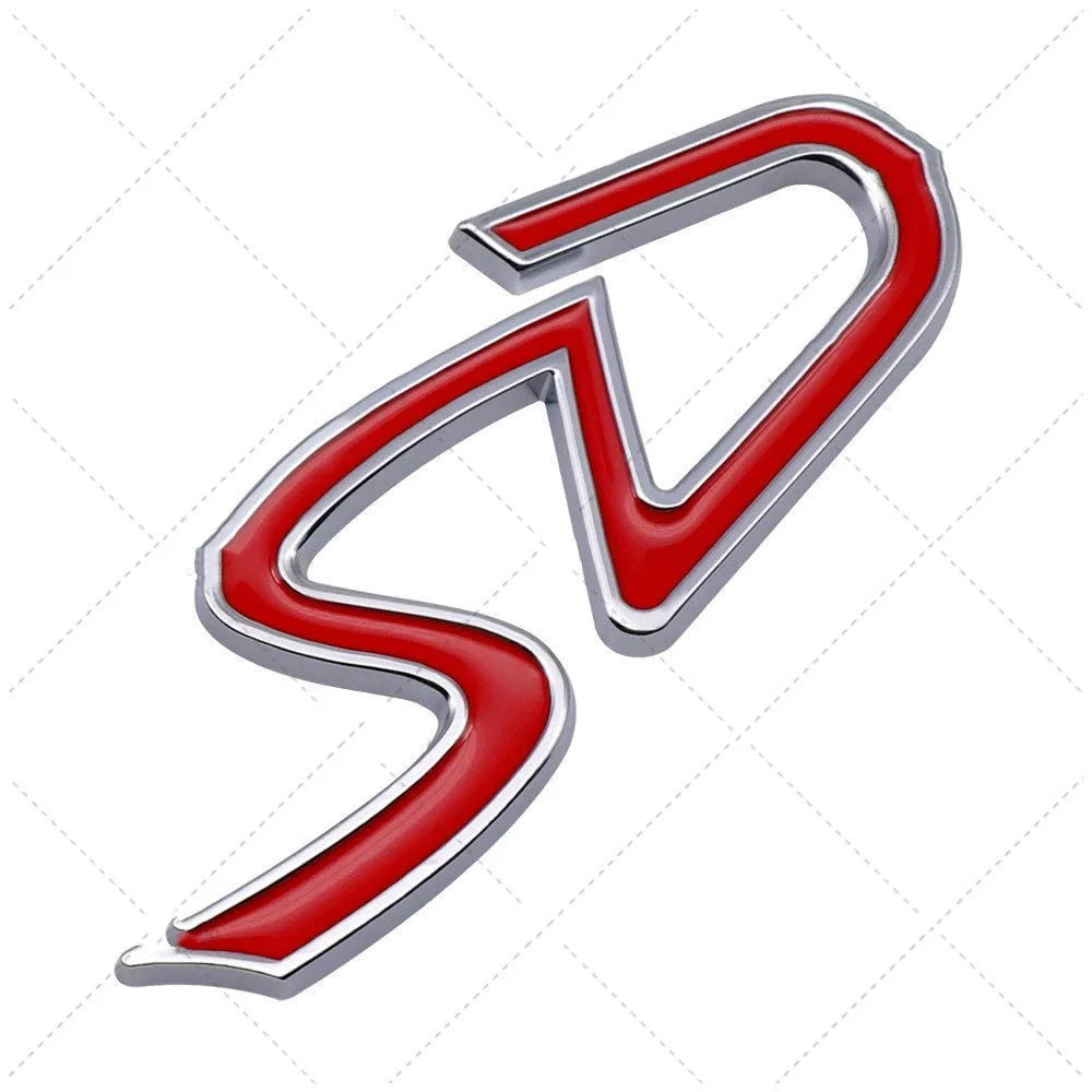 SD and D pattern metal car bumper stickers in red, silver, and black colour combinations