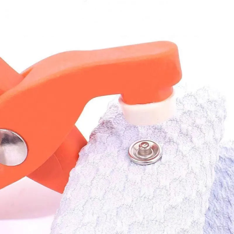 Stainless steel five claw no-sew button and application pliers for children's clothing.