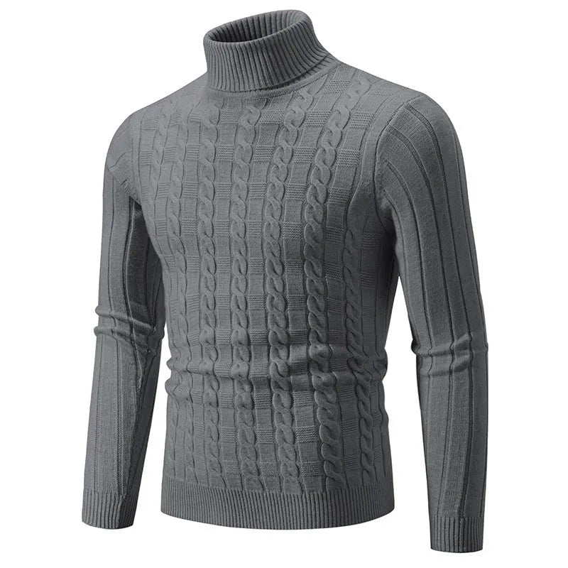 Men's slim fit chenille turtleneck pullover in grey, showing the twisted knit texture and collar.