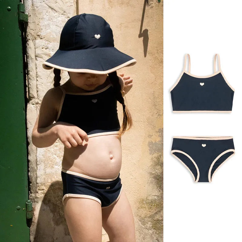 Dark blue baby split swimsuit for girls with high elasticity lycra lining, sizes 90cm to 130cm.