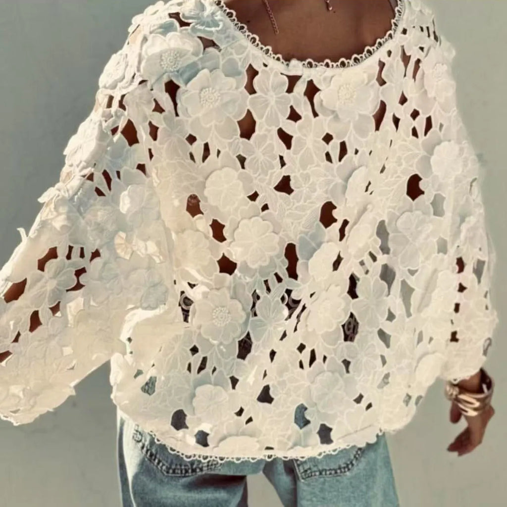 Women's lace cardigan with three-dimensional flower decoration and V-neck design in loose street fashion fit