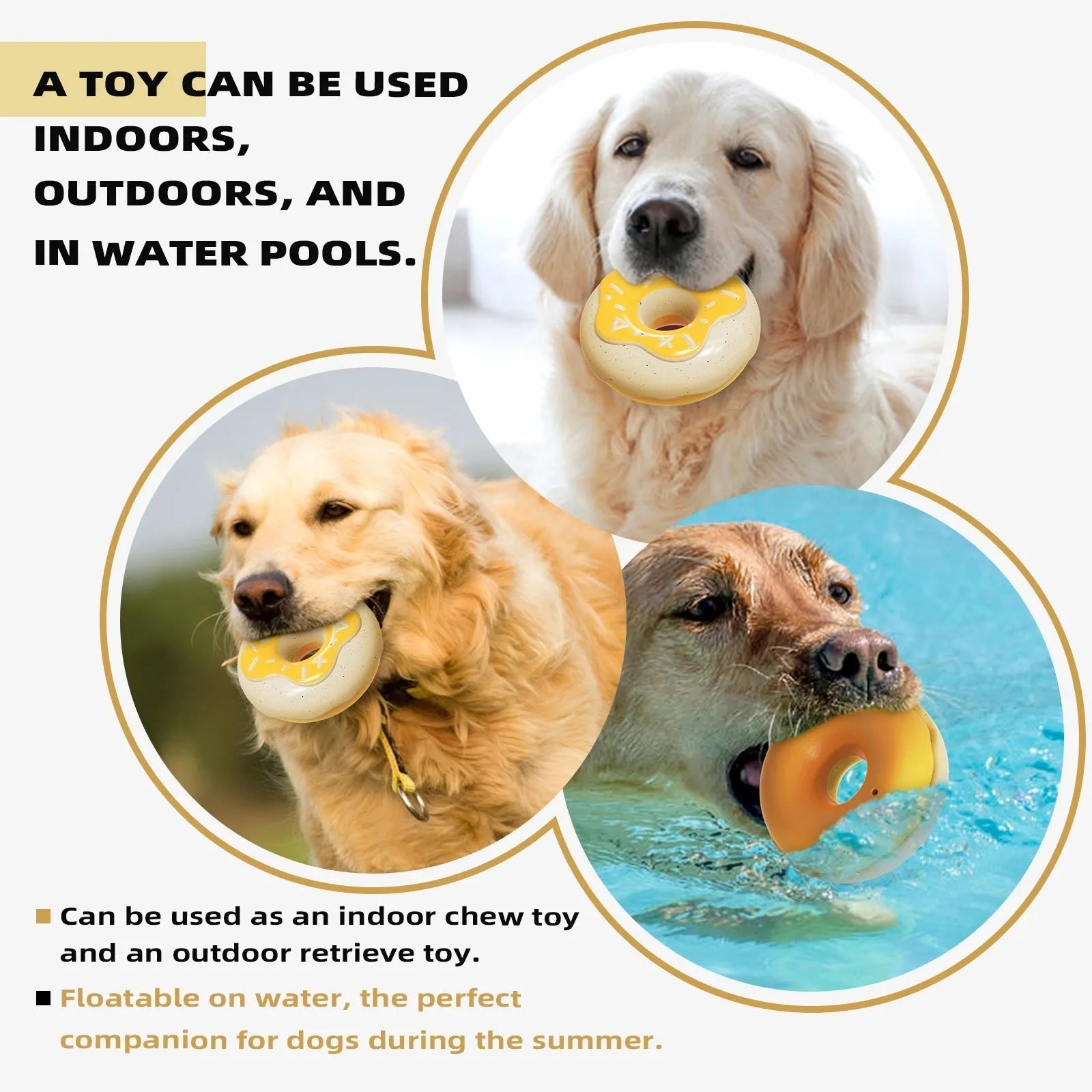 Molar teeth cleaning sound donut dog toy in pink, chocolate or yellow colours
