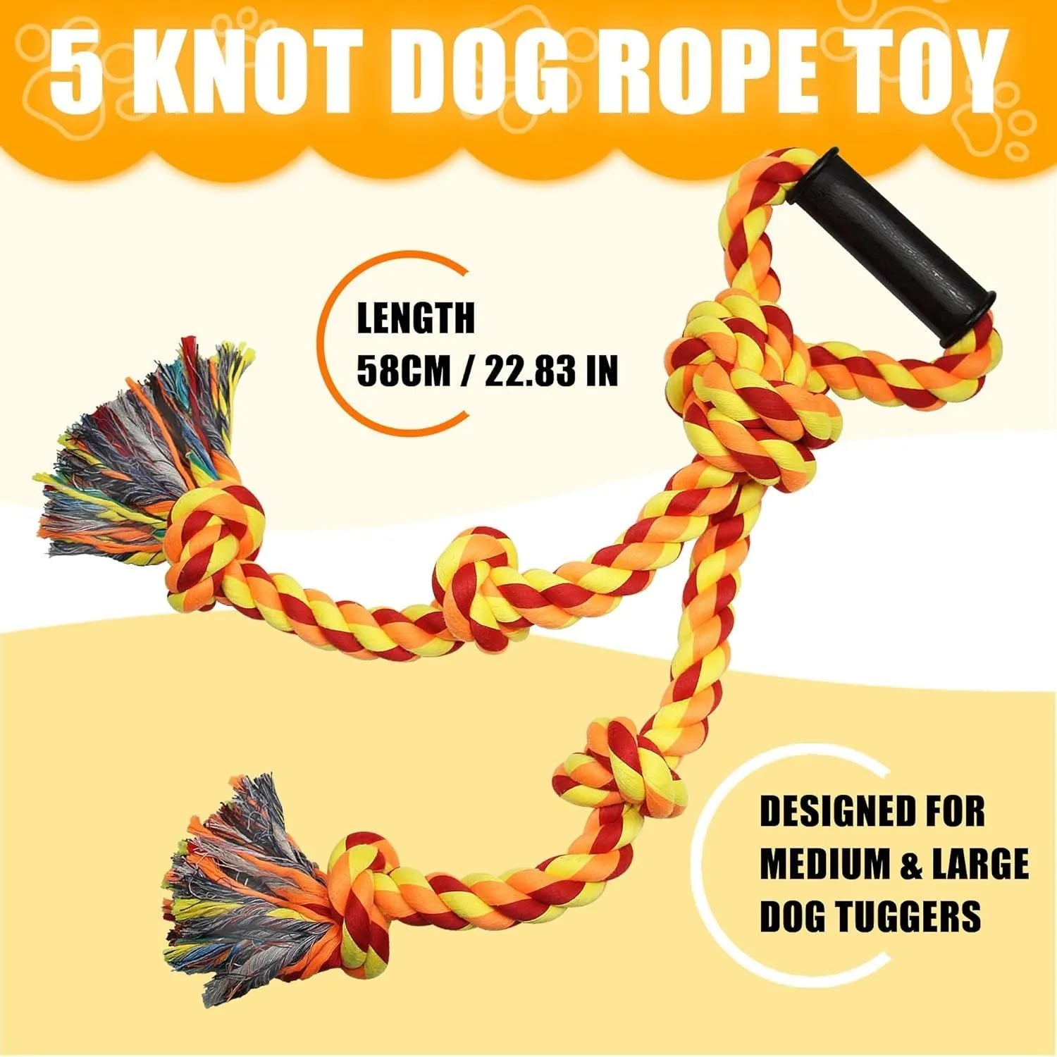 Blue and yellow cotton rope dog toy with ergonomic handles for tug-of-war games